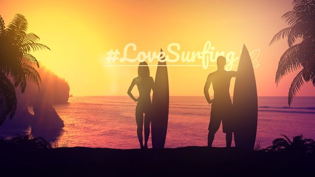 Silhouettes of surfers couple with boards in hands standing on the background of ocean sunset.