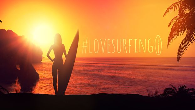 Silhouette of a surfer girl on the beach during sunset.