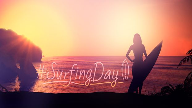 A silhouette of a surfer stands against the backdrop of waves and sunset.