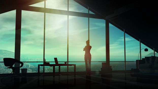 A silhouette of a woman in a suit stands in front of a panoramic office window and looks at the coastal town.