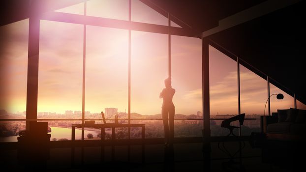 A silhouette of a woman in a suit stands in front of a panoramic window and looks at the dawn cityscape.