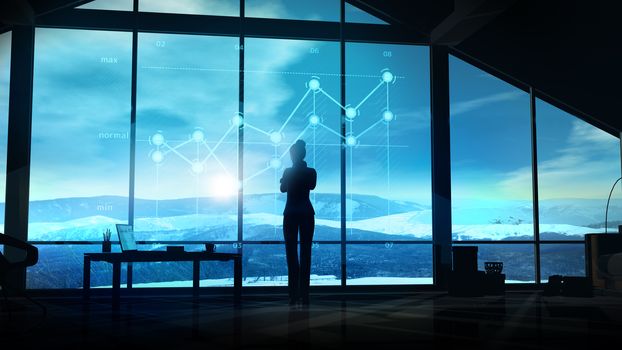 In a dark office a silhouette of a businesswoman stands in front of a panoramic window and looks at the holographic infographics.