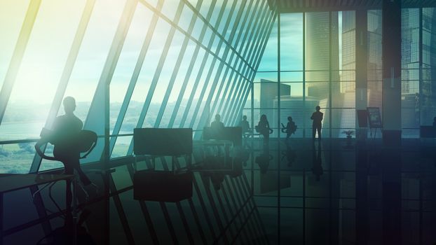 Silhouettes of people against the panoramic office windows overlooking the skyscrapers.