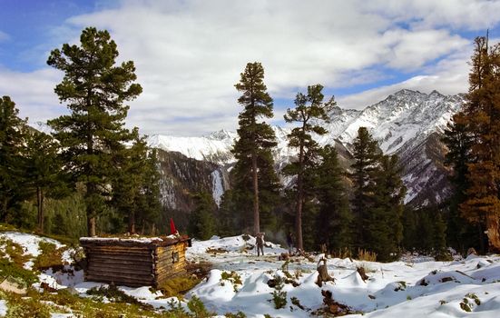 A forester's house on a mountain in the forests of the Sayan Mountains. Foresters go to the hut.
