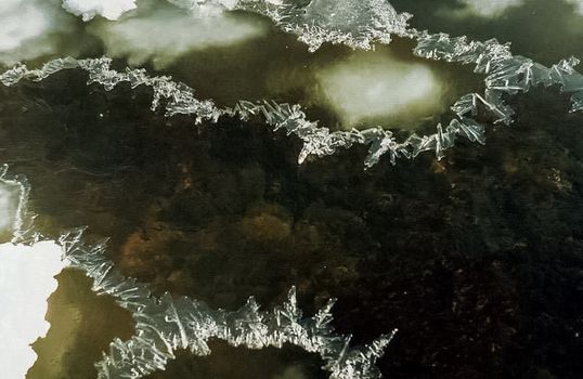 Ice and snow on the river. Melting snow in the spring on the reservoir.