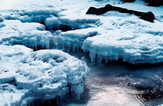 Ice and snow on the river. Melting snow in the spring on the reservoir.