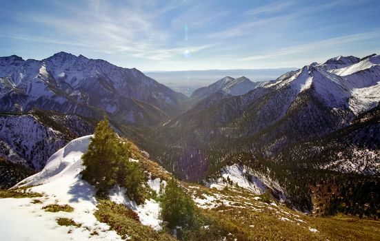 Mount Sayan in winter in the snow. The nature of the mountains is sayan.