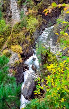 The mountain river is a stream. Water runs on the rocks.