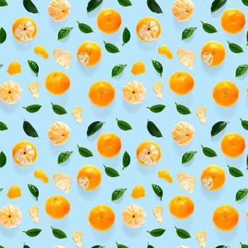 Mandarin seamless pattern, tangerine, clementine isolated on blue background with green leaves. Collection of fine Mandarine seamless patterns.