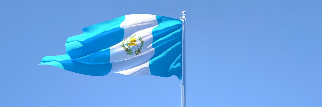 3D rendering of the national flag of Guatemala waving in the wind against a blue sky