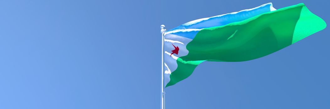 3D rendering of the national flag of Djibouti waving in the wind against a blue sky