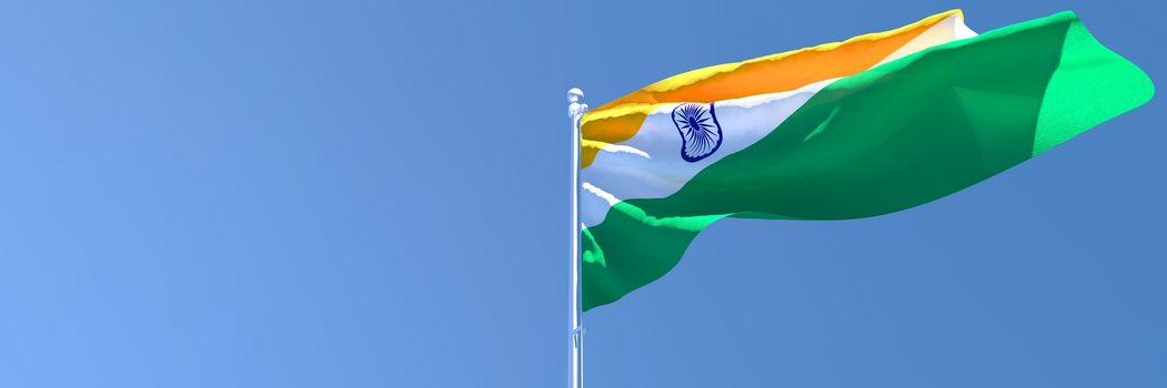 3D rendering of the national flag of India waving in the wind against a blue sky