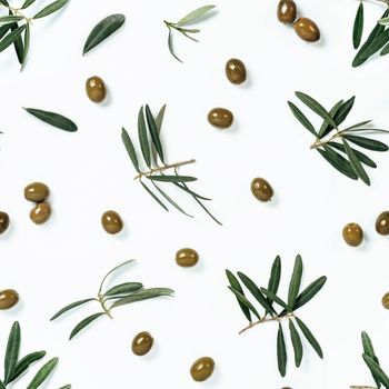 Seamless pattern with green olives and olives tree leaves and branches on white background. Olive photo pattern