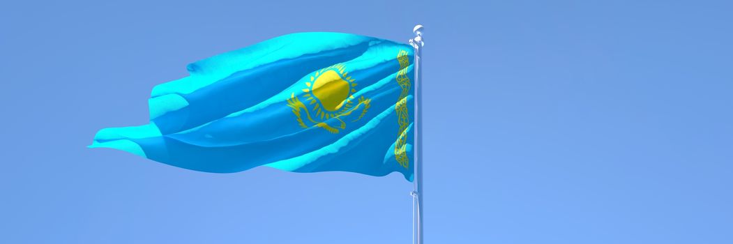 3D rendering of the national flag of Kazakhstan waving in the wind against a blue sky
