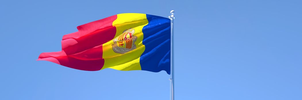 3D rendering of the national flag of Andorra waving in the wind against a blue sky