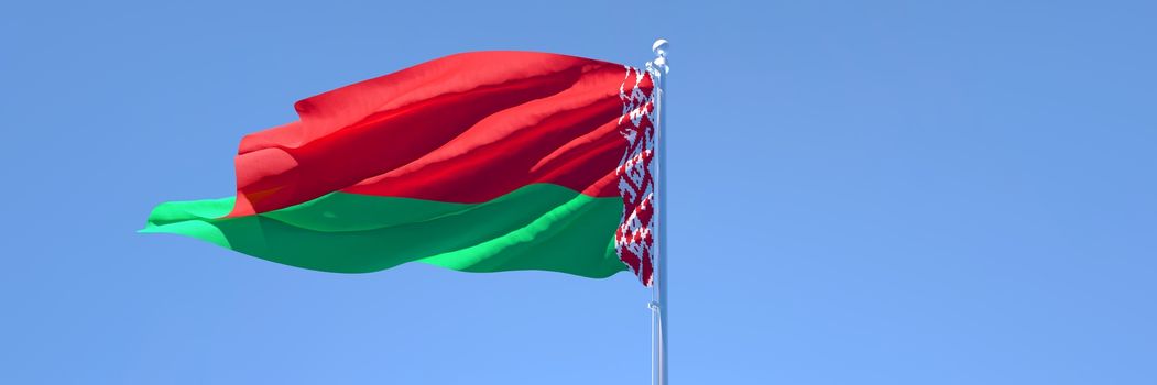 3D rendering of the national flag of Belarus waving in the wind against a blue sky