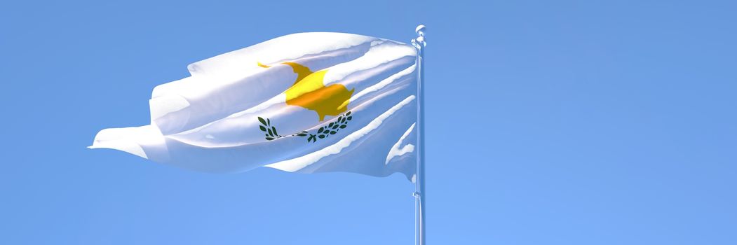 3D rendering of the national flag of Cyprus waving in the wind against a blue sky