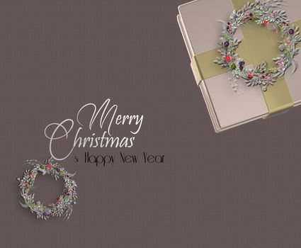 Elegant romantic Christmas luxury background with realistic shiny gold gift box with floral wreath on pastel dark background. Text Merry Christmas Happy New Year. 3D Illustration.