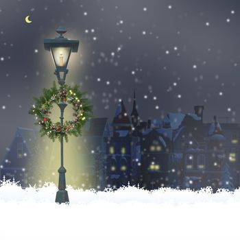 Christmas magic night with old cityscape, snow, street lights, floral wreath in 3D illustration, design for Christmas New Year card.