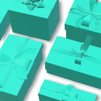 Turquoise blue gift boxes in 3D render. Realistic gift boxes with bow over white. Design for greetings. Christmas festive luxury background,