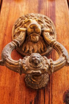 Vintage door knocker on green wooden door