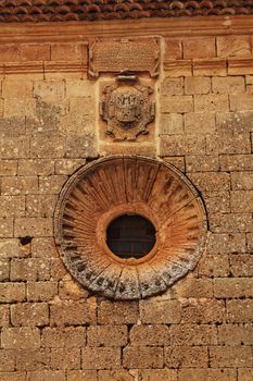 Old stone rosette in plaza Mayor in Alcaraz, Castile-La Mancha, Spain