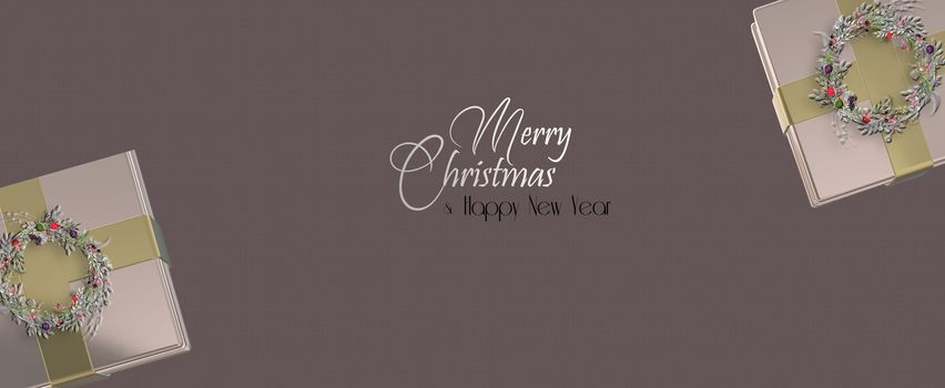 Christmas New Year luxury background with realistic shiny gold gift boxes with floral wreath on pastel dark background. Text Merry Christmas Happy New Year. 3D Illustration.