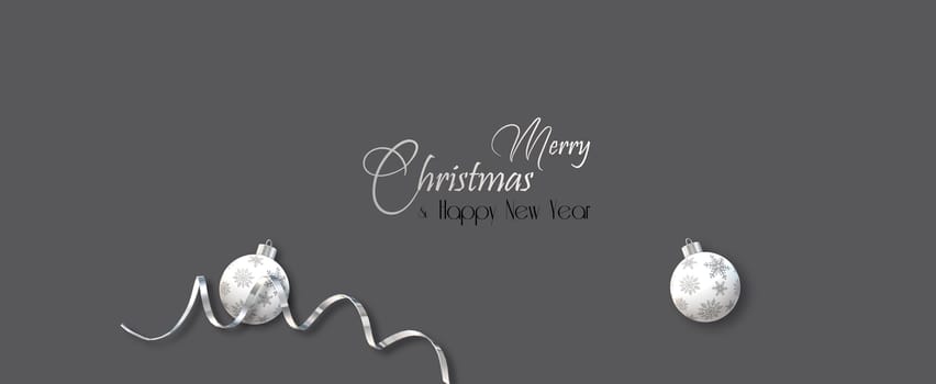 Christmas New Year minimalist background with silver serpentine, Xmas shiny balls with snowflakes on dark pastel background, text Merry Christmas Happy New Year. Mock up, copy space. 3D illustration