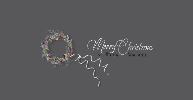 Christmas holiday background. Floral wreath, shining serpentine over dark background. Silver text Merry Christmas Happy New Year. Elegant horizontal banner. Copy space, mock. 3D Illustration