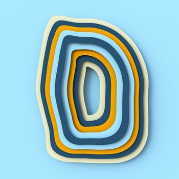 Colorful paper layers font Letter D 3D render illustration isolated on blue background