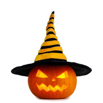Jack O Lantern Halloween pumpkin in witches hat isolated on white background