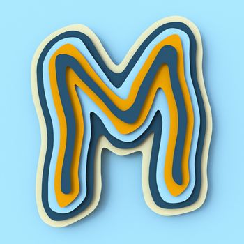 Colorful paper layers font Letter M 3D render illustration isolated on blue background