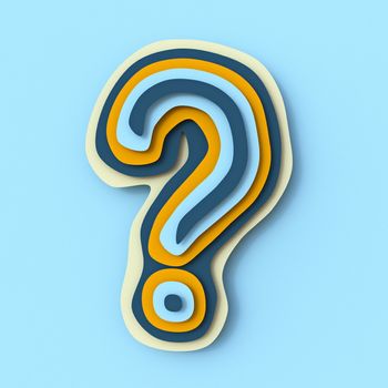 Colorful paper layers font question mark 3D render illustration isolated on blue background