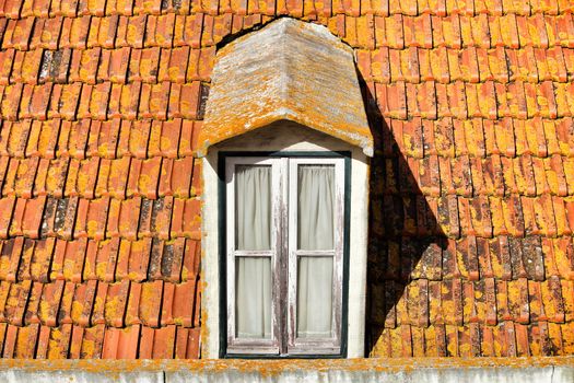 Old colorful and typical orange tiled roof in Lisbon, Portugal.