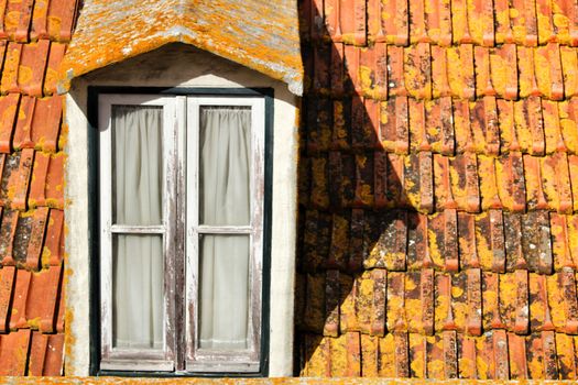 Old colorful and typical orange tiled roof in Lisbon, Portugal.