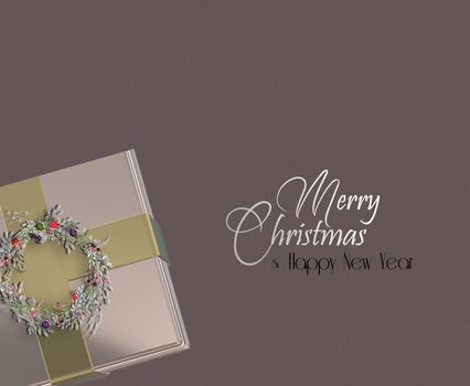 Elegant romantic Christmas luxury background with realistic shiny pink gold gift box with floral wreath on pastel dark background. Text Merry Christmas Happy New Year. 3D Illustration.