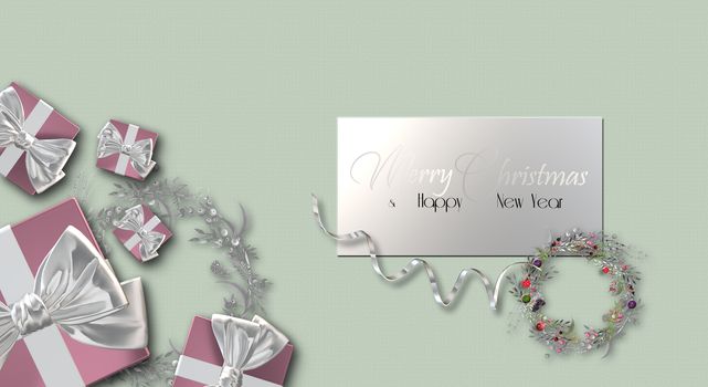 Christmas design over pastel green. Pink gold realistic boxes with bow, Xmas floral wreath, gold decoration in 3D illustration. Mock up, place for text. Gold text Merry Christmas Happy New Year