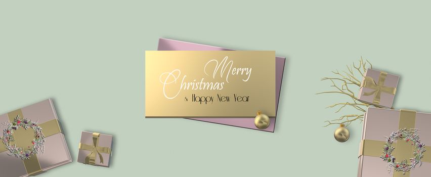 Luxury Christmas background. Realistic pink gold Xmas gift boxes with floral wreath and gold decoration on pastel green background. Mock up, copy space, Text Merry Christmas Happy New Year