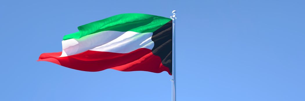 3D rendering of the national flag of Kuwait waving in the wind against a blue sky