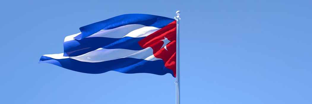 3D rendering of the national flag of Cuba waving in the wind against a blue sky