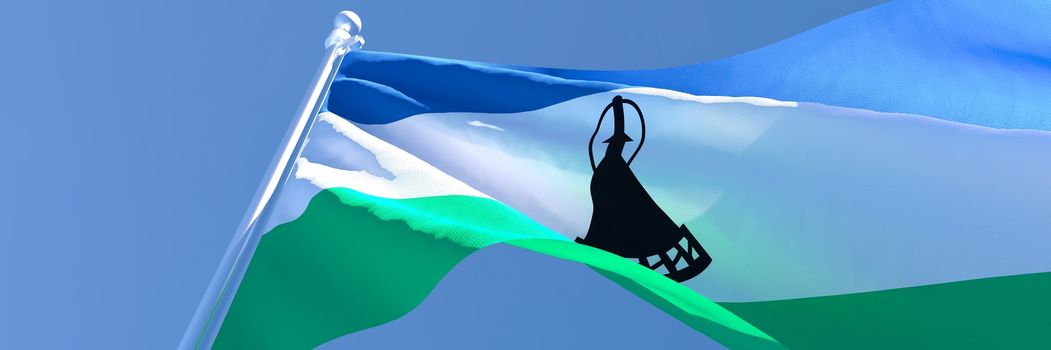 3D rendering of the national flag of Lesotho waving in the wind against a blue sky