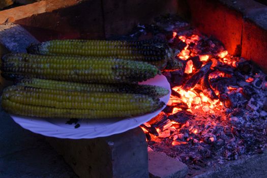 The embers glowed in the background. Corn on a cob on a plate. Banner with embers in the background in the fireplace. Zavidovici, Bosnia and Herzegovina.