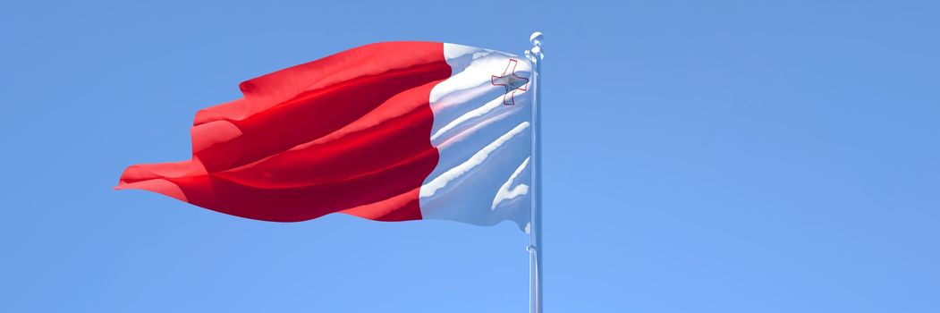 3D rendering of the national flag of Malta waving in the wind against a blue sky