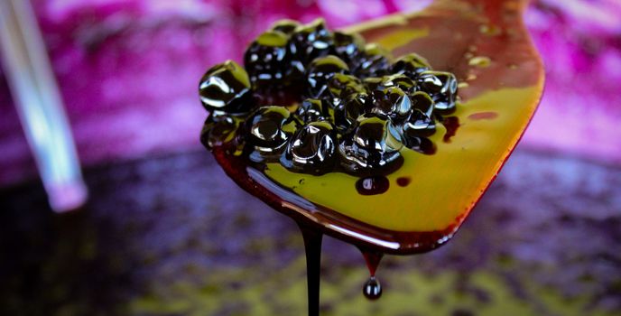 A banner from a group of chokeberry berries on a wooden cooking spoon, the jam liquid leaks and drips down the spoon into a pot of chokeberry jam. Zavidovici, Bosnia and Herzegovina.