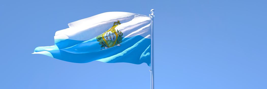 3D rendering of the national flag of San Marino waving in the wind against a blue sky