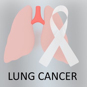 3D illustration LUNG CANCER script below an awareness ribbon of lung cancer and human lungs, isolated over colored background.