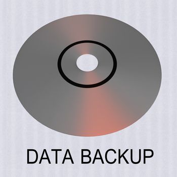 3D illustration of a compact disk with text DATA BACKUP, isolated over a pale blue pattern.