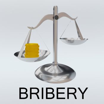 3D illustration of scales loaded with golden coins on one hand, and the word BRIBERY at the bottom, isolated over pale blue background.  