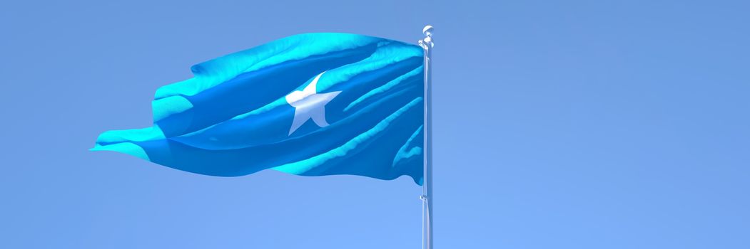 3D rendering of the national flag of Somalia waving in the wind against a blue sky