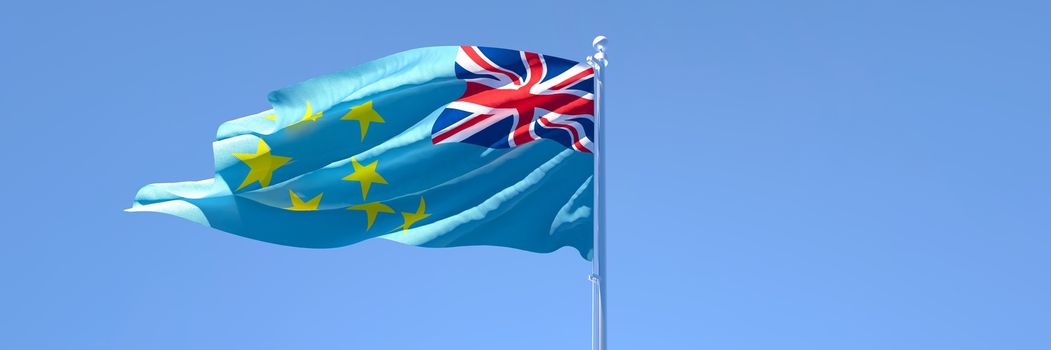 3D rendering of the national flag of Tuvalu waving in the wind against a blue sky